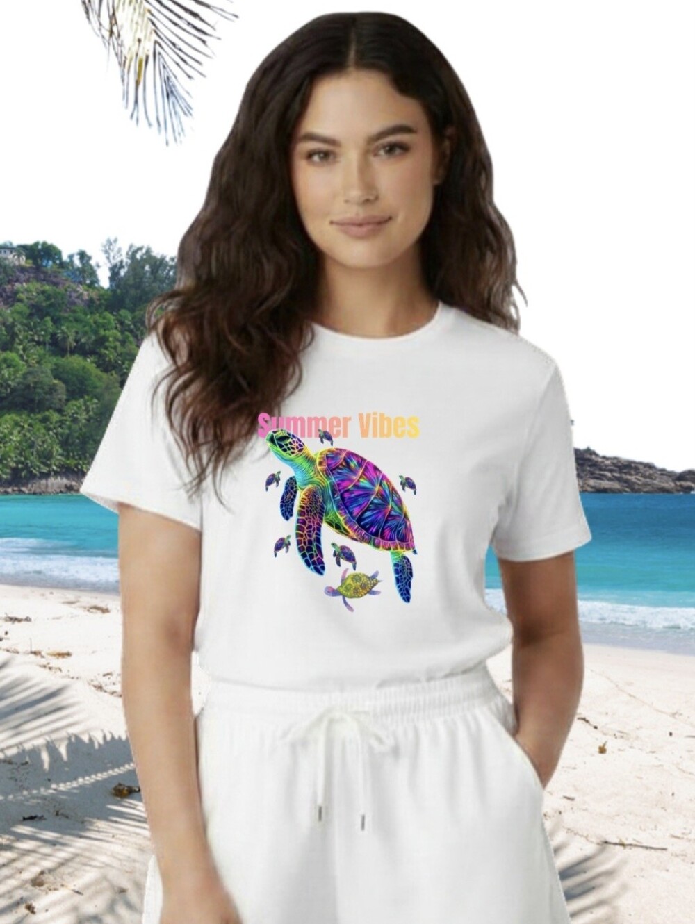 [SUMMER CAPSULE] Neon Sea Turtle Summer Vibes Tee with Crystal Touch - L